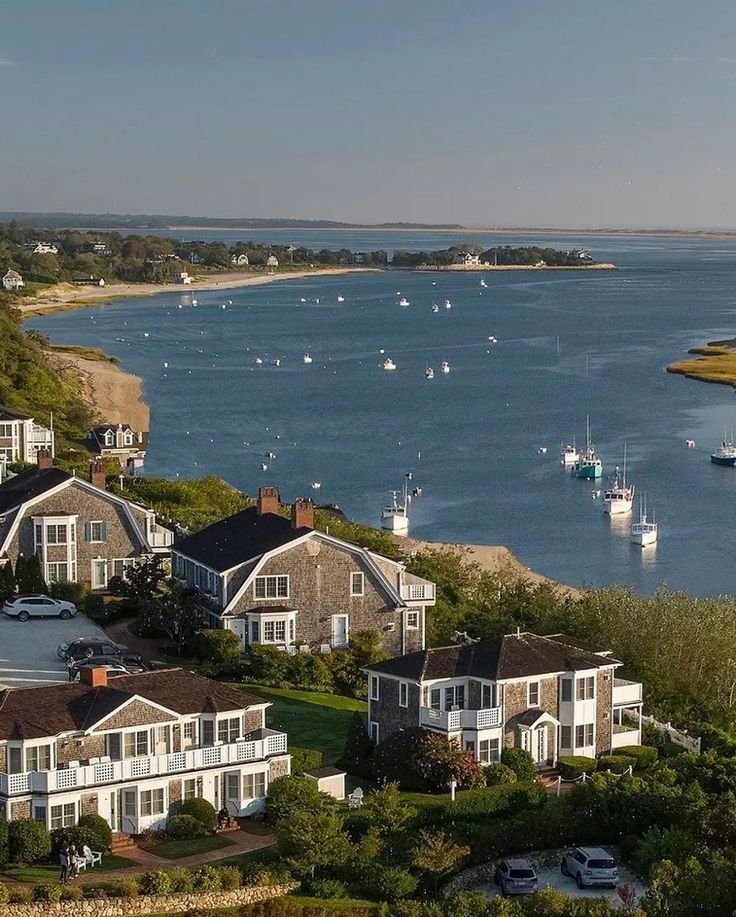 This may contain: an aerial view of houses and boats on the water
