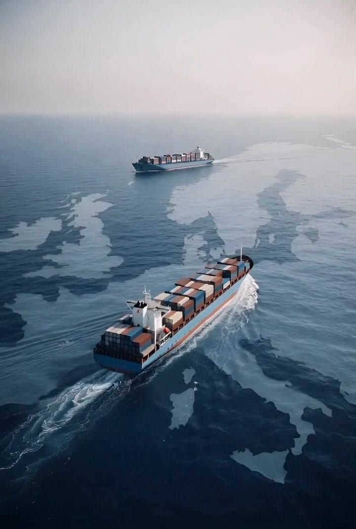 This may contain: an aerial view of a cargo ship in the ocean with two smaller ships behind it