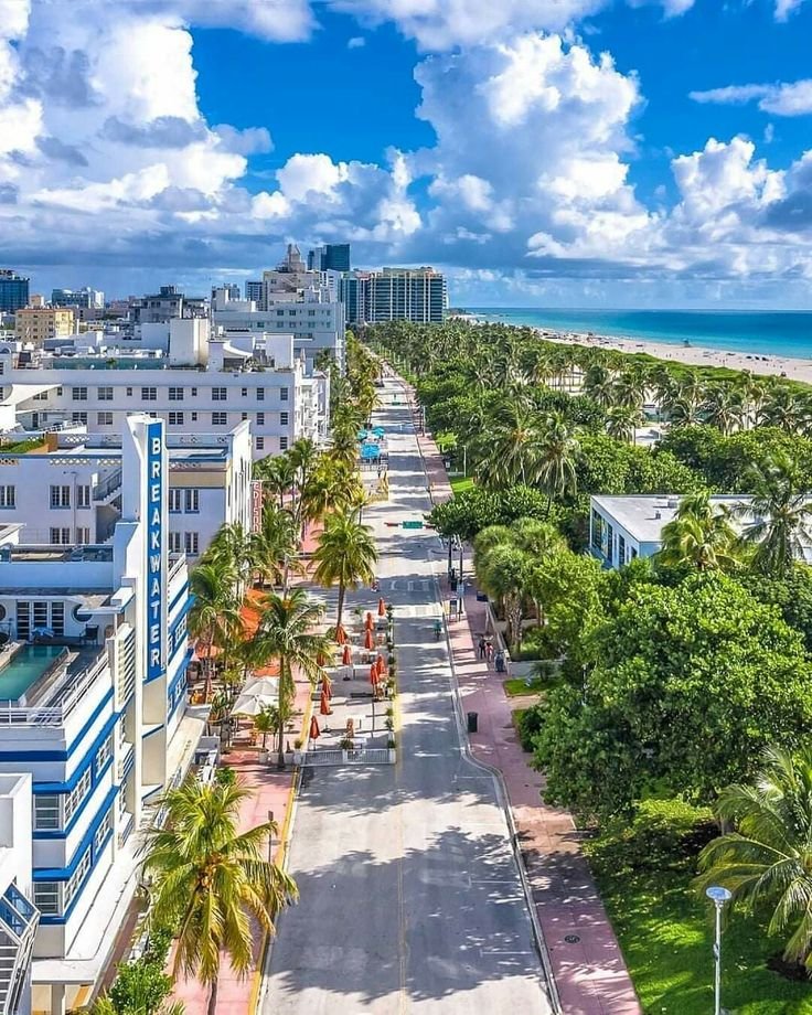 This may contain: an aerial view of the beach and ocean in miami, florida with palm trees on both sides