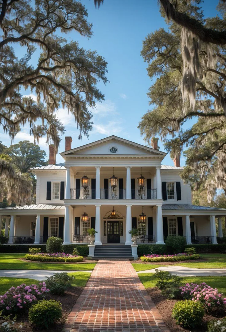This may contain: a large white house with lots of trees and bushes around it's front entrance