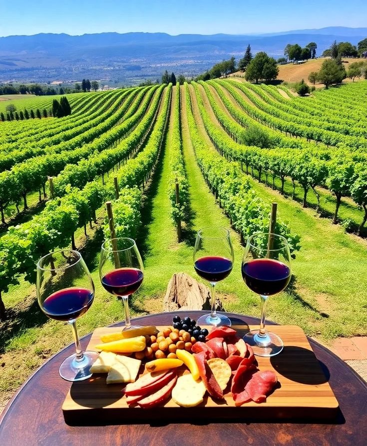 This may contain: two glasses of wine and cheese on a table in the middle of a vineyard field