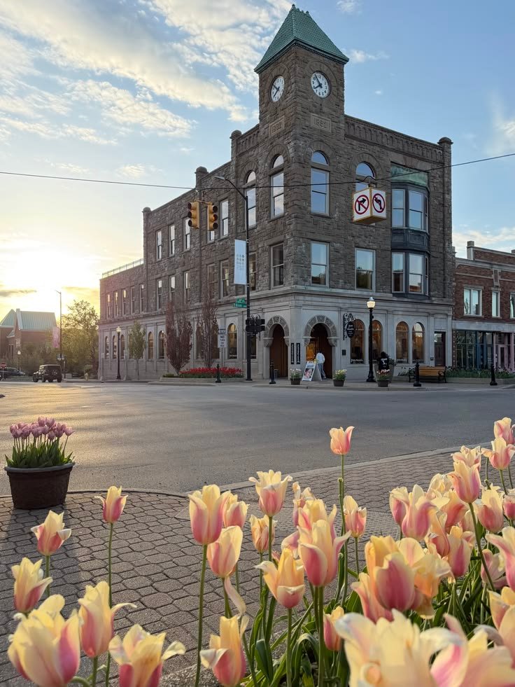 This may contain: flowers are blooming in front of an old brick building with a clock on it