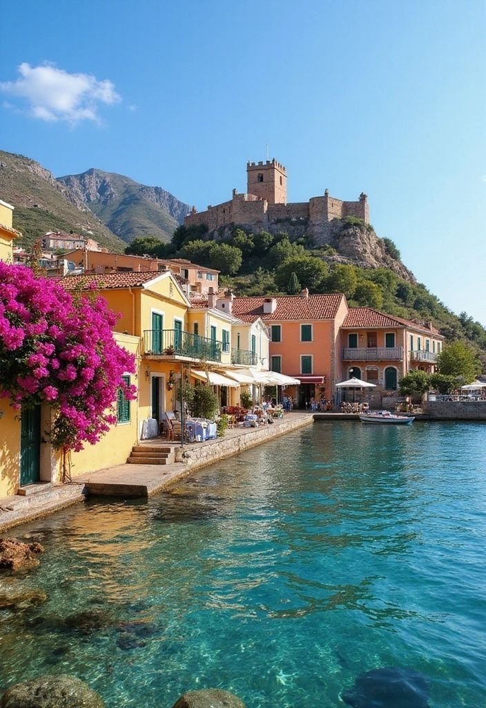 This may contain: the water is crystal blue and clear with buildings on it, along with flowers in bloom