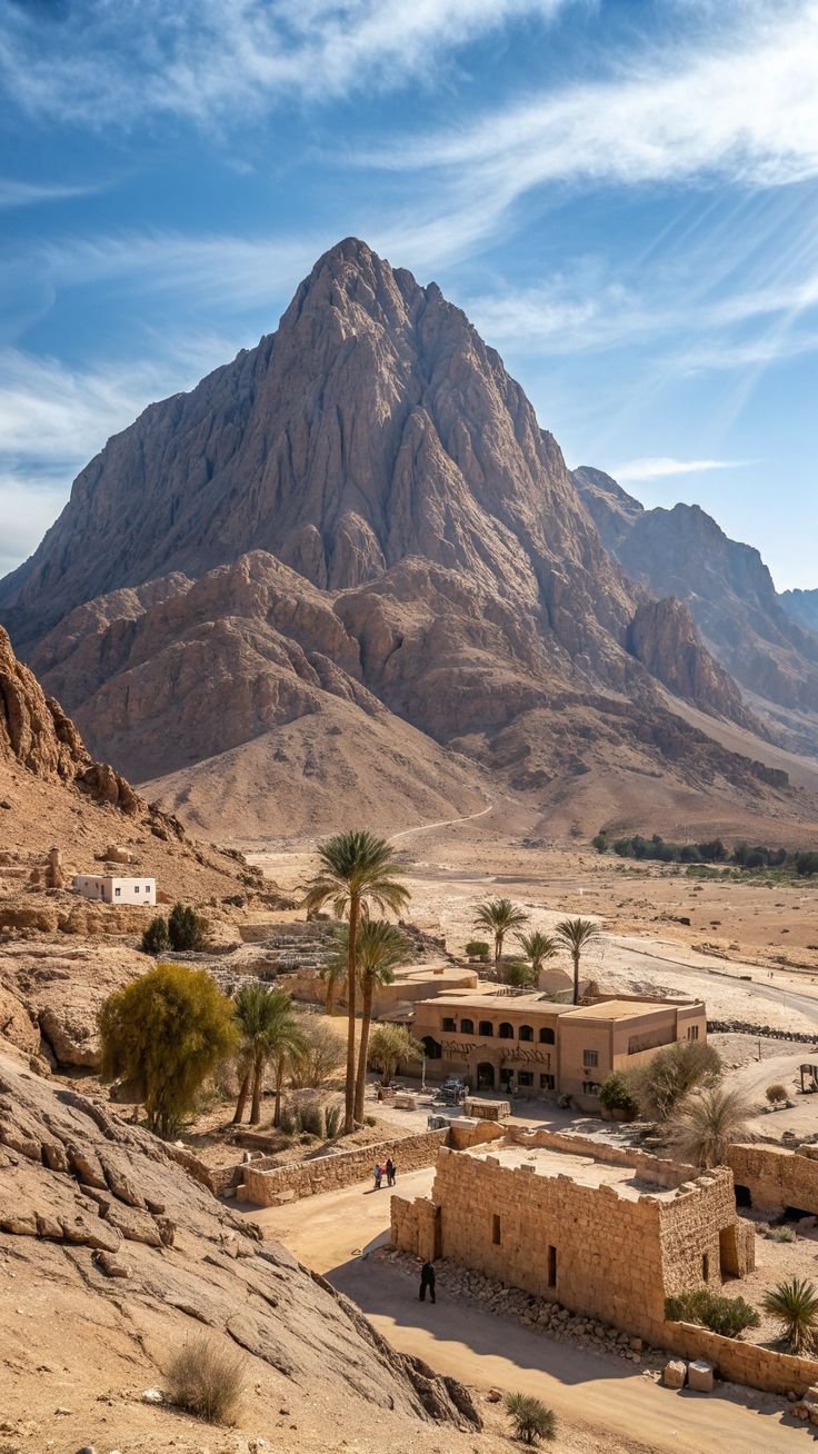 This may contain: the desert is full of mountains and palm trees