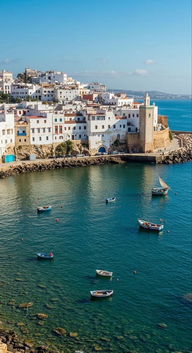 This may contain: several small boats floating on the water in front of white buildings