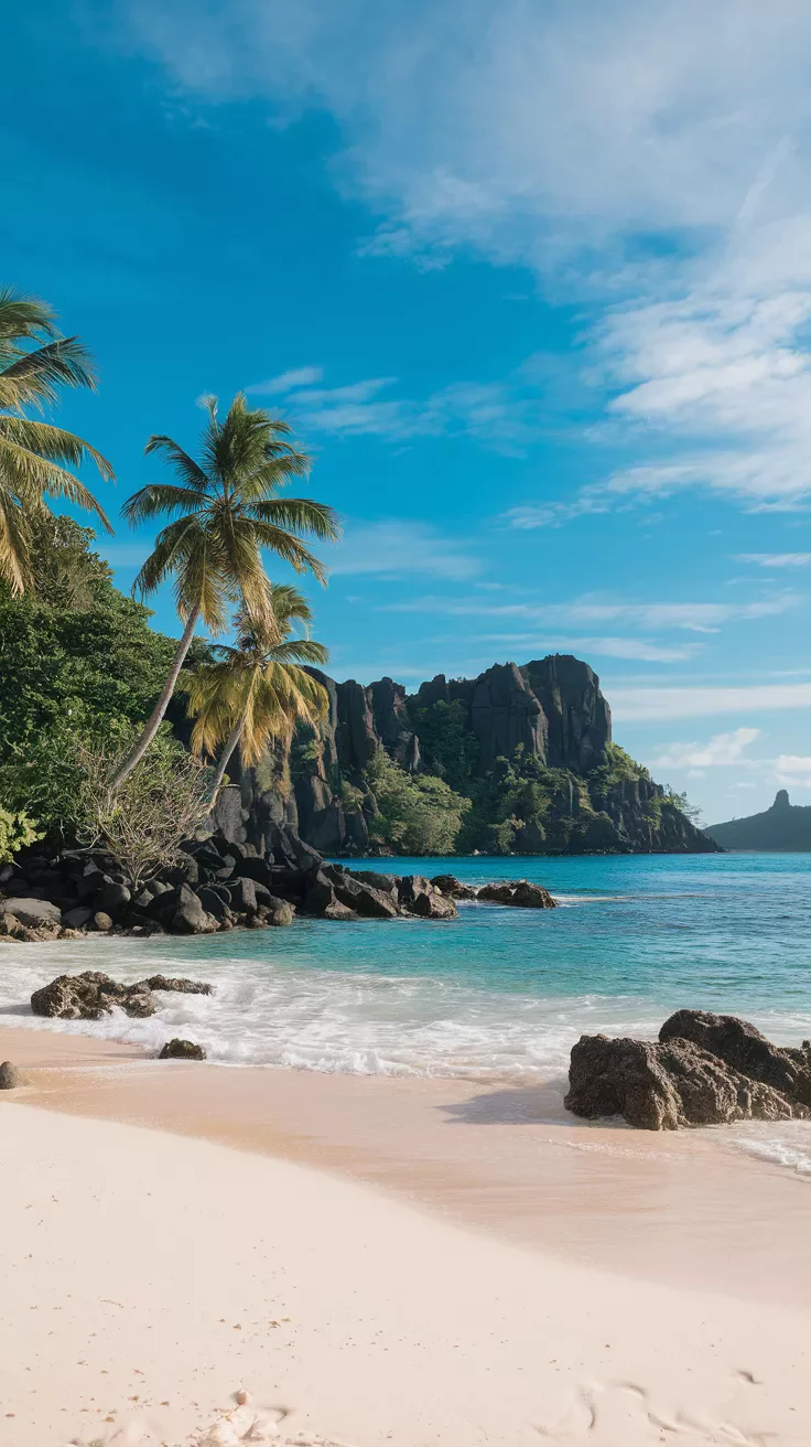 This may contain: a beach with palm trees and blue water