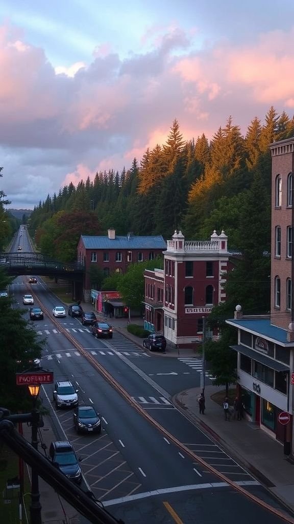 This may contain: a city street with cars parked on both sides and trees in the background at sunset