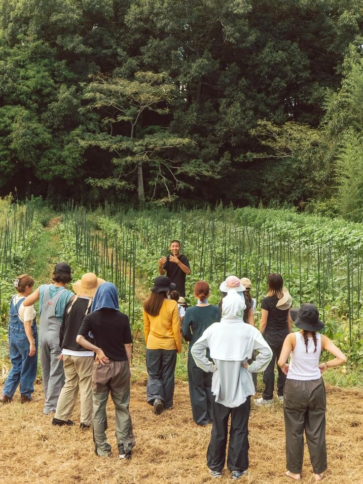 This may contain: a group of people standing in the middle of a field looking at plants and trees