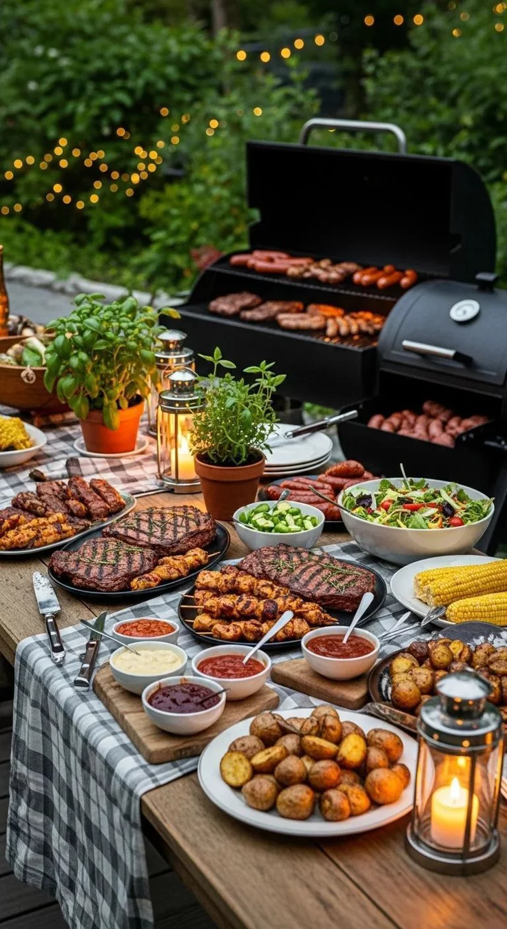 This may contain: an outdoor bbq with many different types of food on the table and lit by candles