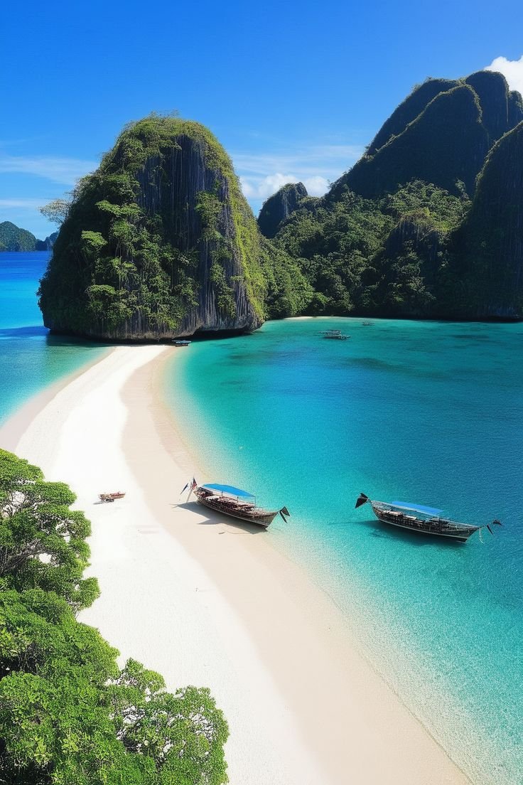 This contains: Discover Caramoan Islands, an untouched paradise in the Philippines. Explore crystal-clear waters, secluded beaches, and dramatic cliffs. Discover a true tropical escape! #Philippines #Beach #Paradise