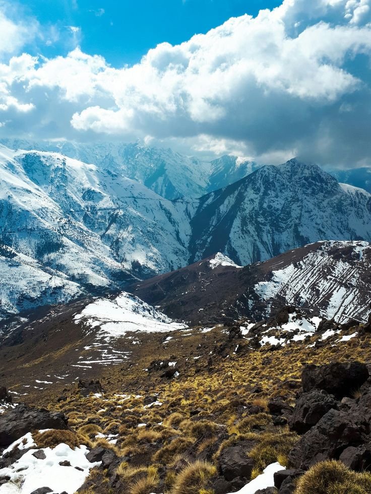 This may contain: the mountains are covered in snow and grass