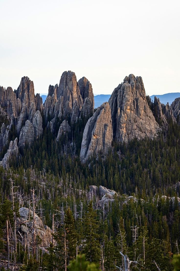 This may contain: the mountains are surrounded by pine trees and tall, rocky peaks with no leaves on them
