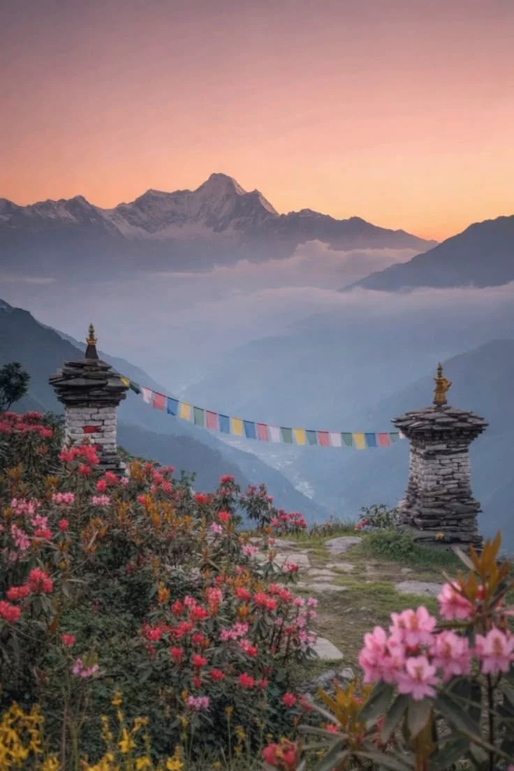 This may contain: the mountains are covered with flowers and flags