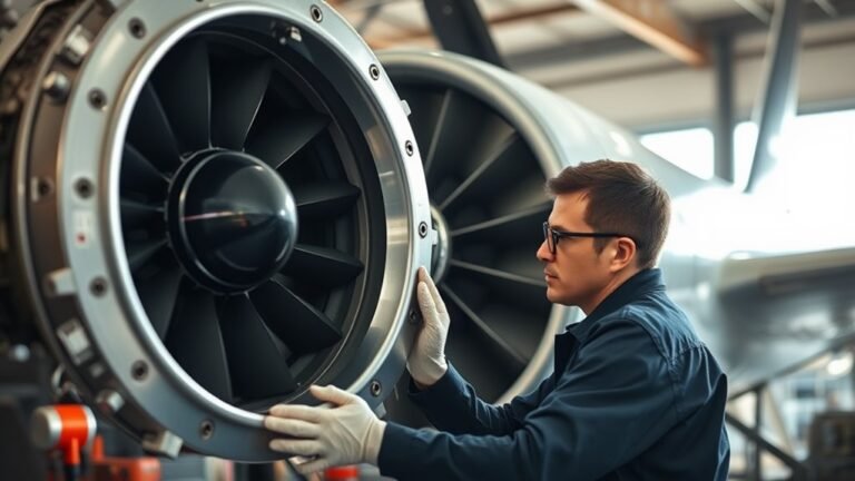 A skilled aviation maintenance technician meticulously inspecting a gleaming aircraft engine, surrounded by tools and parts, bathed in natural light, showcasing precision and dedication