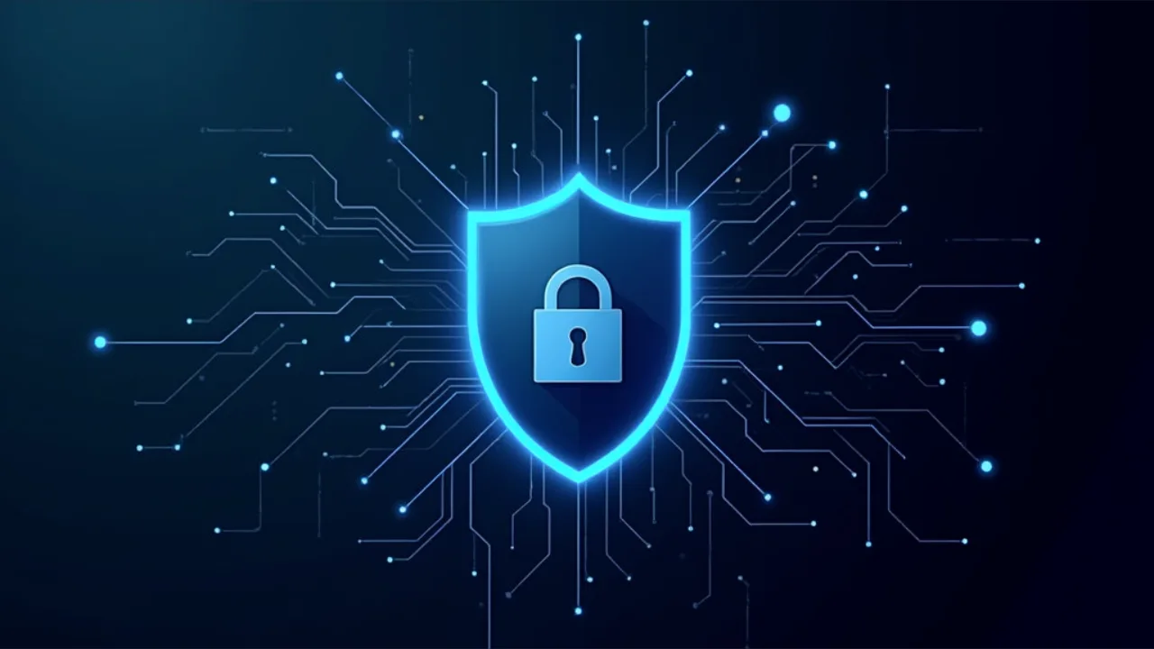 A shield icon protecting digital data symbols, representing privacy and security in the digital world