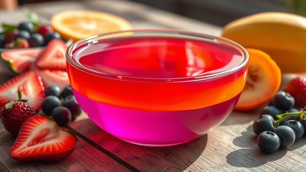 A vibrant, shimmering bowl of colorful jello in various layers, surrounded by fresh fruit, elegantly arranged on a rustic wooden table, bathed in soft, natural light