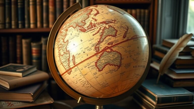 A beautifully crafted globe with intricate maps of English-speaking countries, surrounded by vintage books and quills, illuminated by soft, natural light
