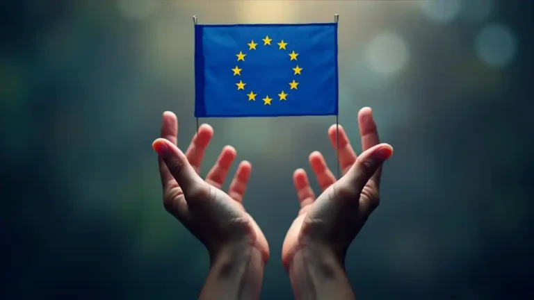 A symbolic image showing supportive hands reaching out, with a European Union flag in the background, representing solidarity and support for crime victims across Europe.