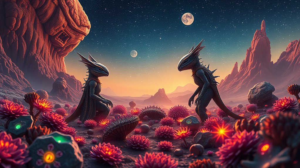 A vibrant extraterrestrial landscape with two species meeting, surrounded by glowing flora and a starry sky