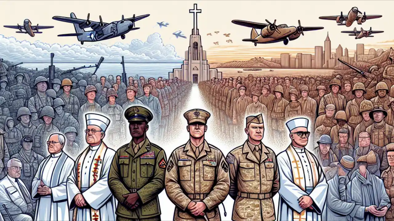 Commemorative image depicting the four military chaplains—George L. Fox, Alexander D. Goode, John P. Washington, and Clark V. Poling—who heroically sacrificed their lives during World War II aboard the SS Dorchester, symbolizing unity and selflessness.