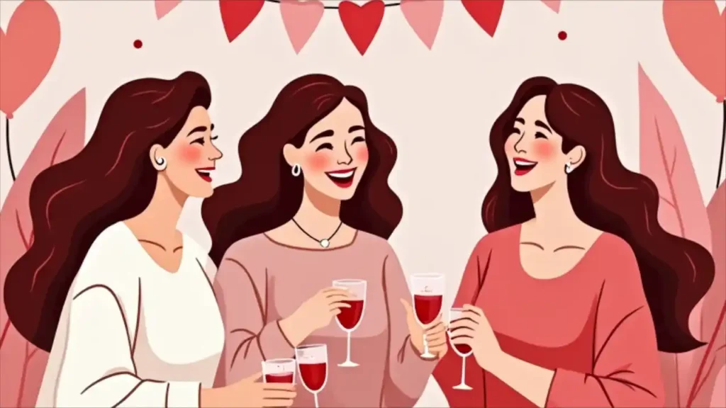 A group of smiling women friends celebrating Galentine's Day with pink decorations, heart-shaped treats, and brunch cocktails on a decorated table