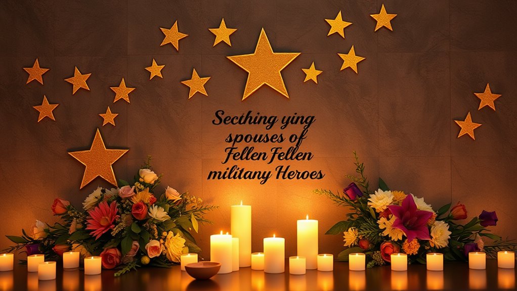 A serene memorial setting with golden stars, soft candles, and flowers, honoring spouses of fallen military heroes