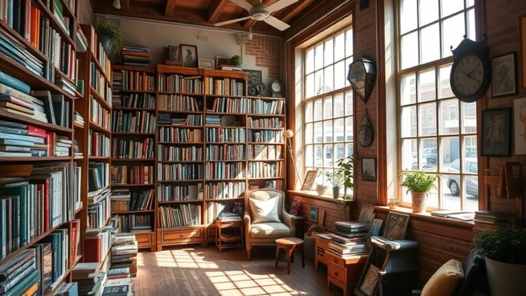 A cozy independent bookstore interior, sun rays streaming through large windows, shelves overflowing with colorful books, a vintage reading nook, and scattered bookish decor
