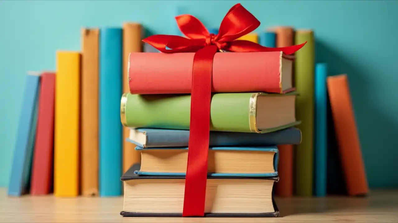 A stack of colorful books with a red gift ribbon wrapped around them, symbolizing the spirit of sharing literature on International Book Giving Day