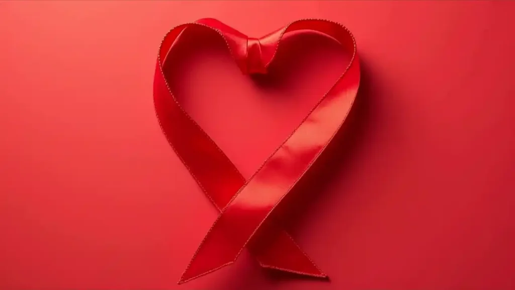 A red ribbon intertwined with an unwrapped condom forming a heart shape, symbolizing safe sex awareness and HIV prevention on International Condom Day