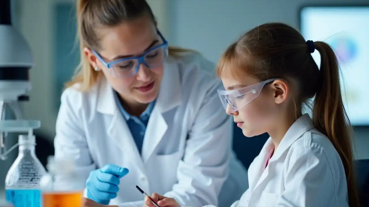 A female scientist in a lab coat looking through a microscope, surrounded by young girls in STEM education, symbolizing empowerment and inspiration in scientific discovery