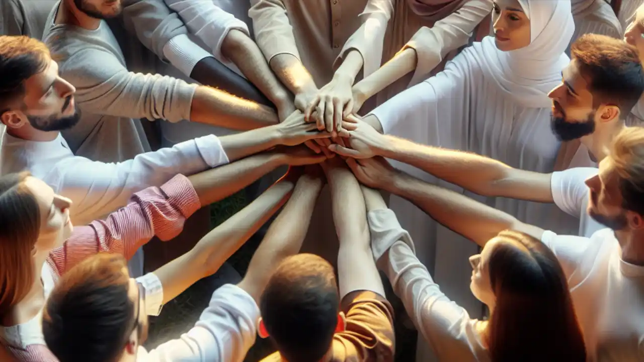 A diverse group of people holding hands, symbolizing unity and peace for the International Day of Human Fraternity