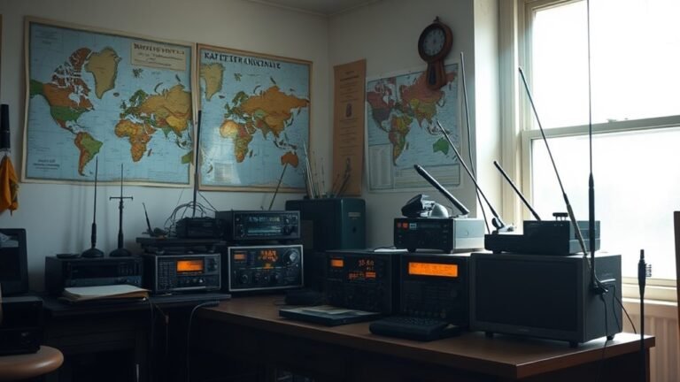 A vintage ham radio setup in a sunlit room, surrounded by maps and antennas, capturing the essence of communication and connection on International Amateur Radio Day