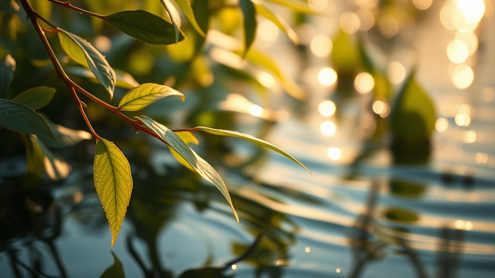 A serene landscape featuring a close-up of delicate whispering leaves, soft rippling water, and glimmering light, all captured in stunning IMAX 70mm detail