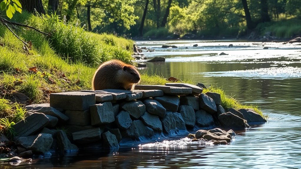 A serene riverbank scene featuring a busy beaver constructing a dam, surrounded by lush greenery, sparkling water, and soft sunlight filtering through trees