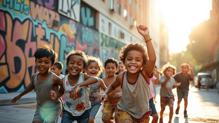 A group of joyful street children playing in a sunlit urban park, surrounded by vibrant murals, showcasing their resilience and spirit, captured in rich detail