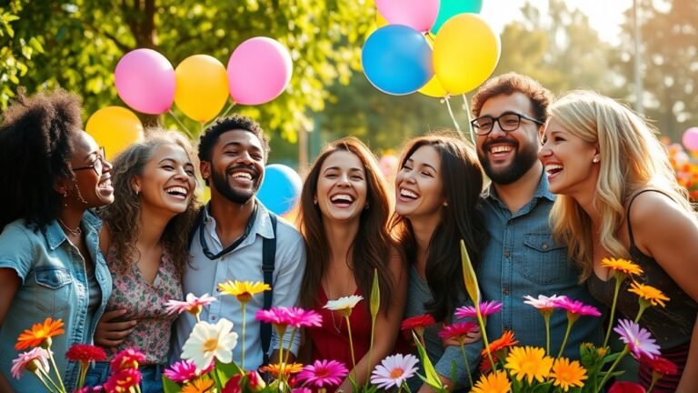 A joyful group of diverse people laughing together in a sunlit park, surrounded by colorful balloons and vibrant flowers, captured in stunning detail and clarity