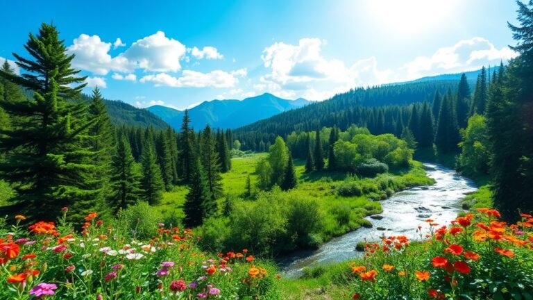 A serene landscape of lush green forests, vibrant wildflowers, and a sparkling river under a bright blue sky, celebrating the beauty of Earth