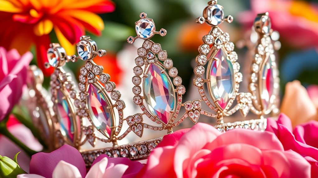 A stunning close-up of a sparkling crown adorned with jewels, surrounded by vibrant flowers, captured in natural lighting to highlight elegance and perfection