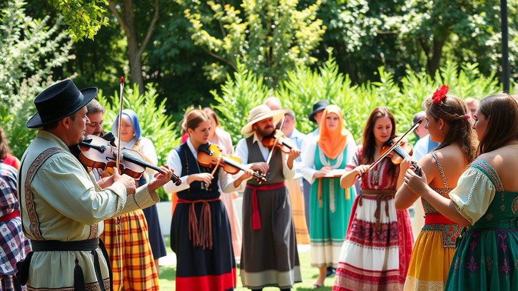 A vibrant outdoor gathering celebrating Romani culture, featuring traditional attire, musicians playing violins, and a lively dance circle, under natural sunlight with lush greenery in the background