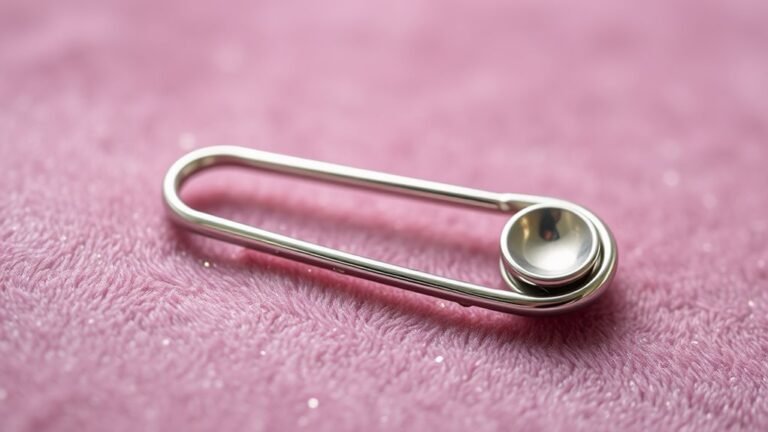 A close-up of a gleaming safety pin, elegantly positioned on a soft velvet background, capturing shimmering light reflections in high detail and vibrant colors