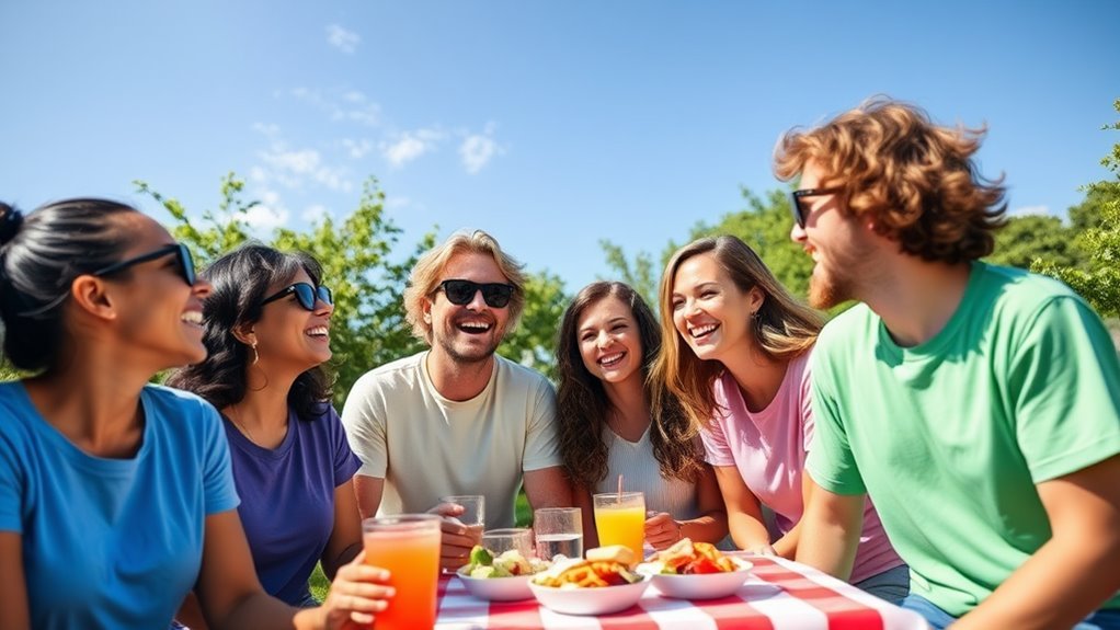 A vibrant summer scene featuring a diverse group of friends wearing colorful t-shirts, laughing and enjoying a picnic under a bright blue sky, surrounded by lush greenery
