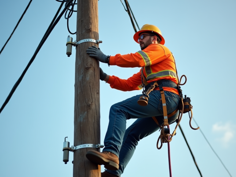 Linemen working on power lines during sunset, symbolizing dedication and hard work.