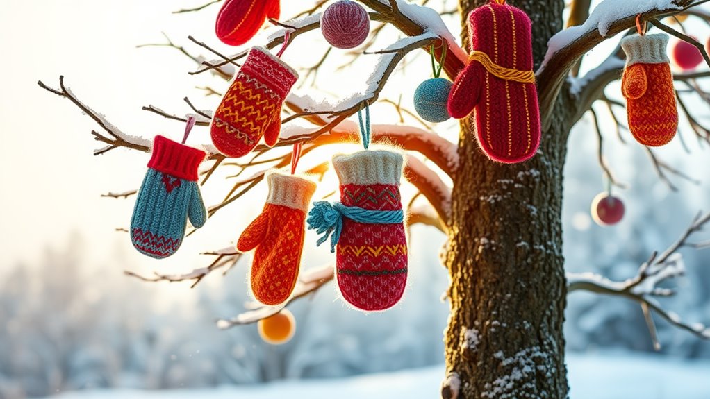 A whimsical mitten tree adorned with colorful knitted mittens, glistening in soft natural light, surrounded by gentle snowflakes and a serene winter landscape