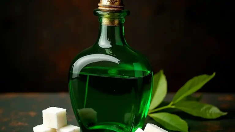 A vintage-style illustration of a green absinthe bottle with an ornate spoon resting on top, surrounded by sugar cubes and wormwood leaves, capturing the traditional ritual of serving the mystical spirit