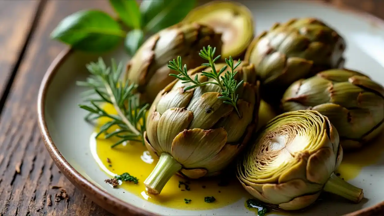 Plate of marinated artichoke hearts on a rustic table, celebrating National Artichoke Hearts Day