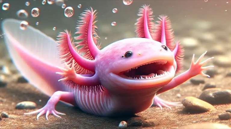 A smiling pink axolotl with feathery external gills swimming underwater, showcasing its unique appearance on National Axolotl Day
