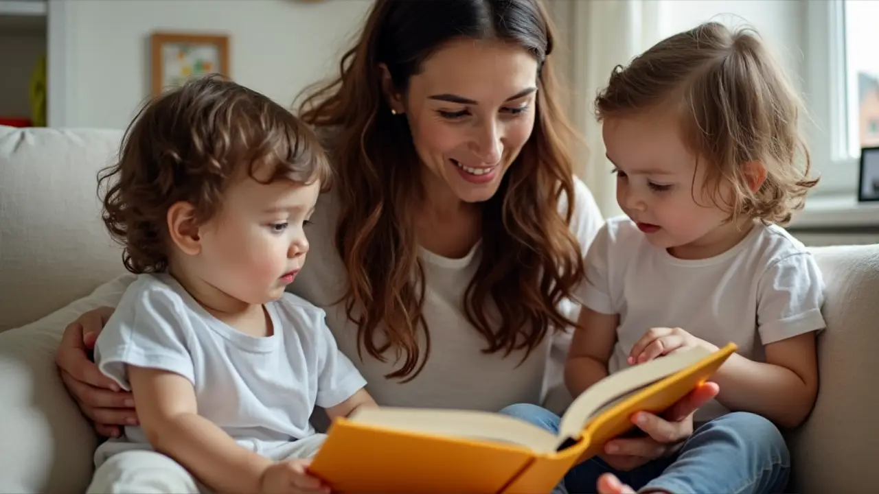 A smiling babysitter reading a colorful storybook to two attentive children sitting on a cozy couch, surrounded by toys and a calendar highlighting National Babysitters Day