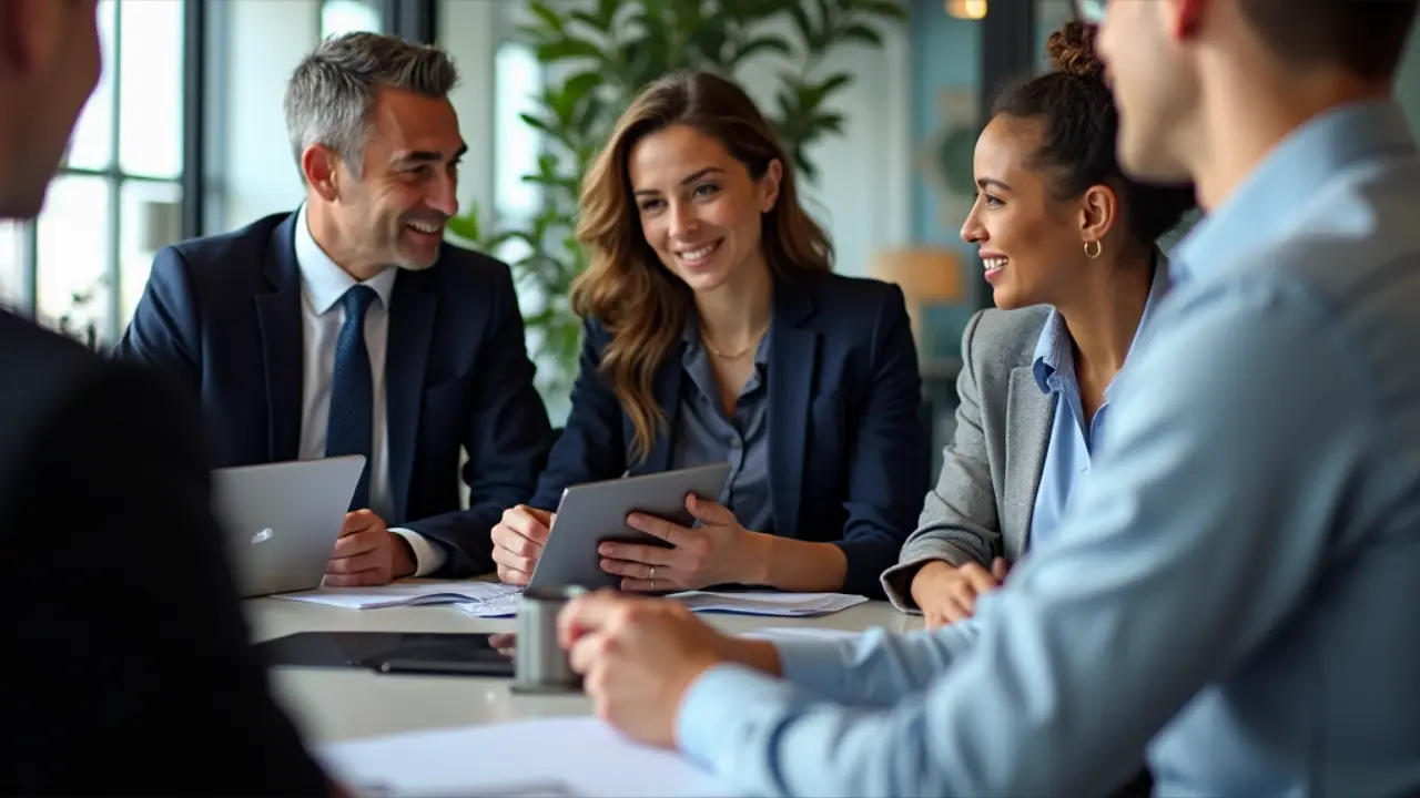 A group of diverse office workers collaborating at a desk, surrounded by computer screens and financial documents, symbolizing the hard work and teamwork of back office heroes in the financial industry.