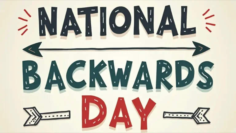 A calendar page flipped upside down with "National Backwards Day" written in reverse text, featuring playful arrows pointing in opposite directions