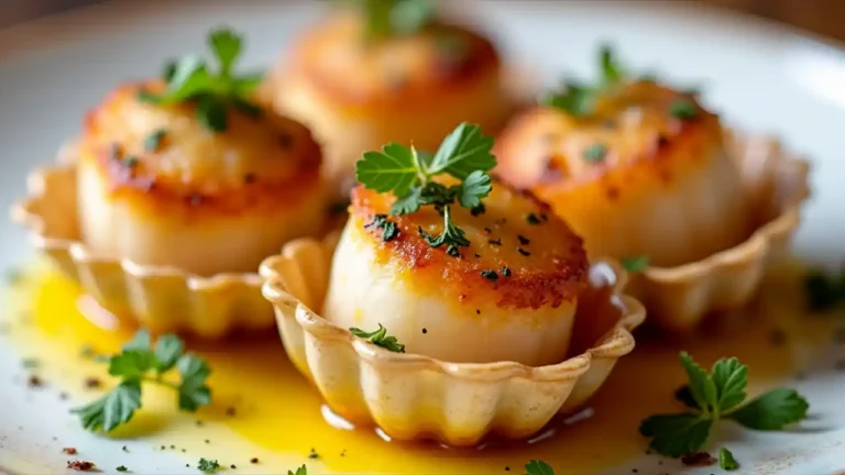 A close-up view of golden-brown baked scallops in their shells, garnished with fresh herbs and melted butter, served on a rustic white plate